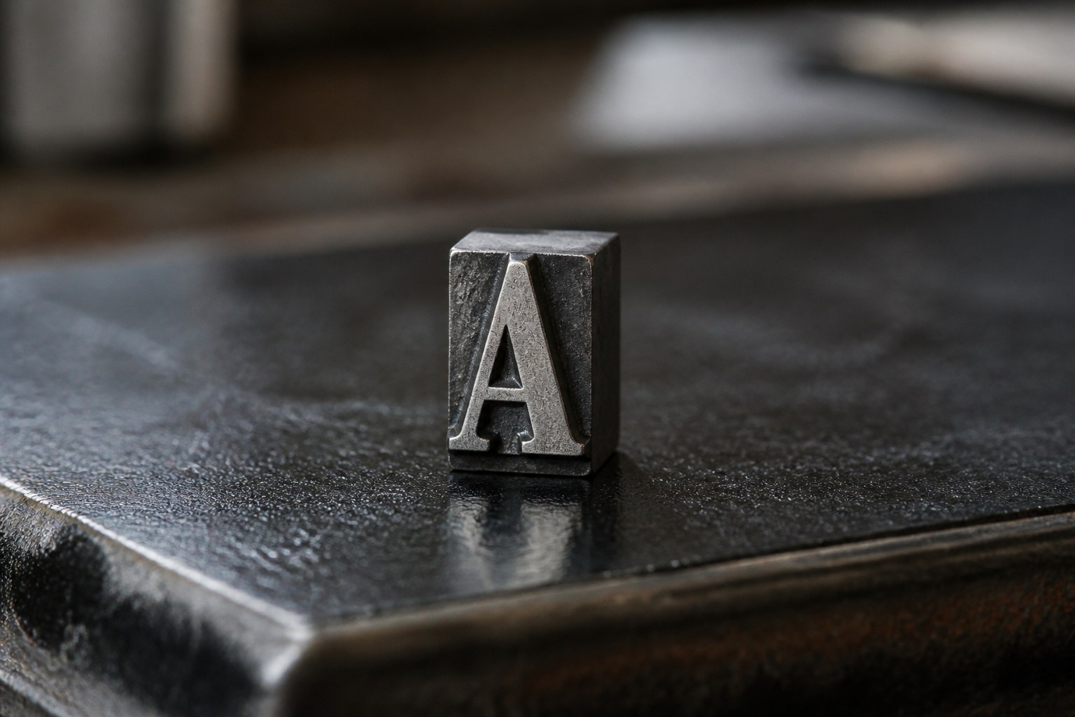 A single cast metal letterpress sort for the capital letter A standing on an inked slab, the raised face catching the light