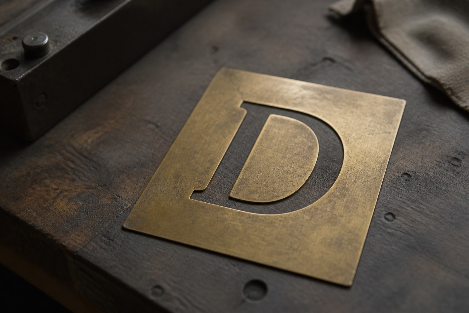 A brass stencil plate cut with the capital letter D, lying on a workbench