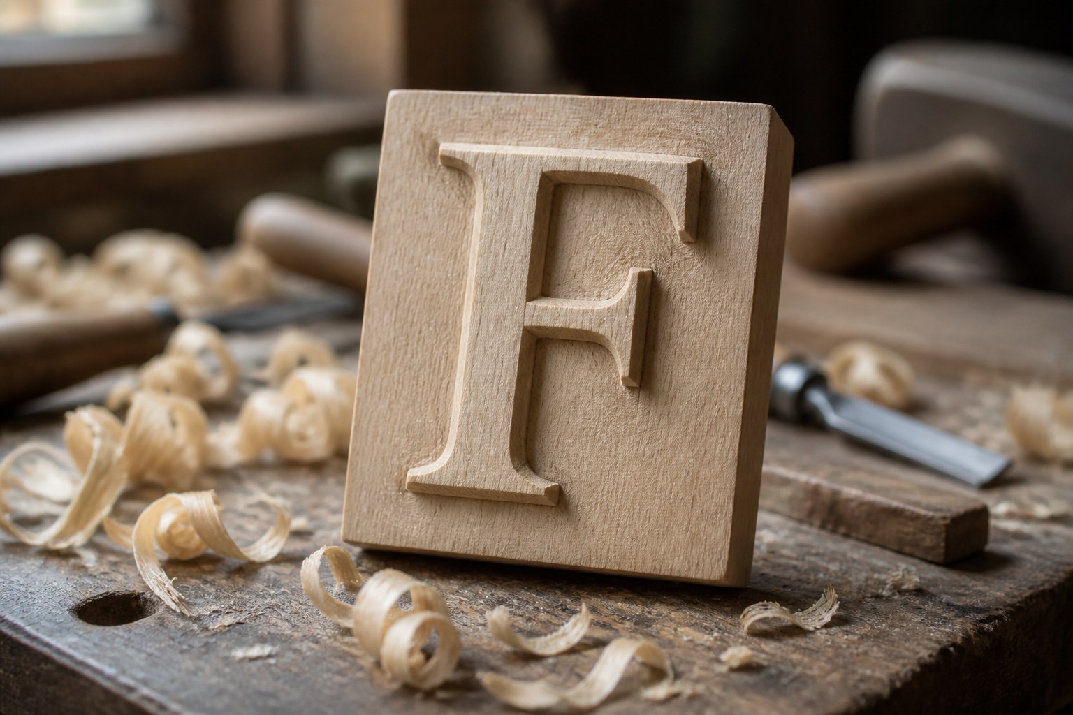 A capital letter F carved in relief from pale wood, resting on a joiner's bench among shavings