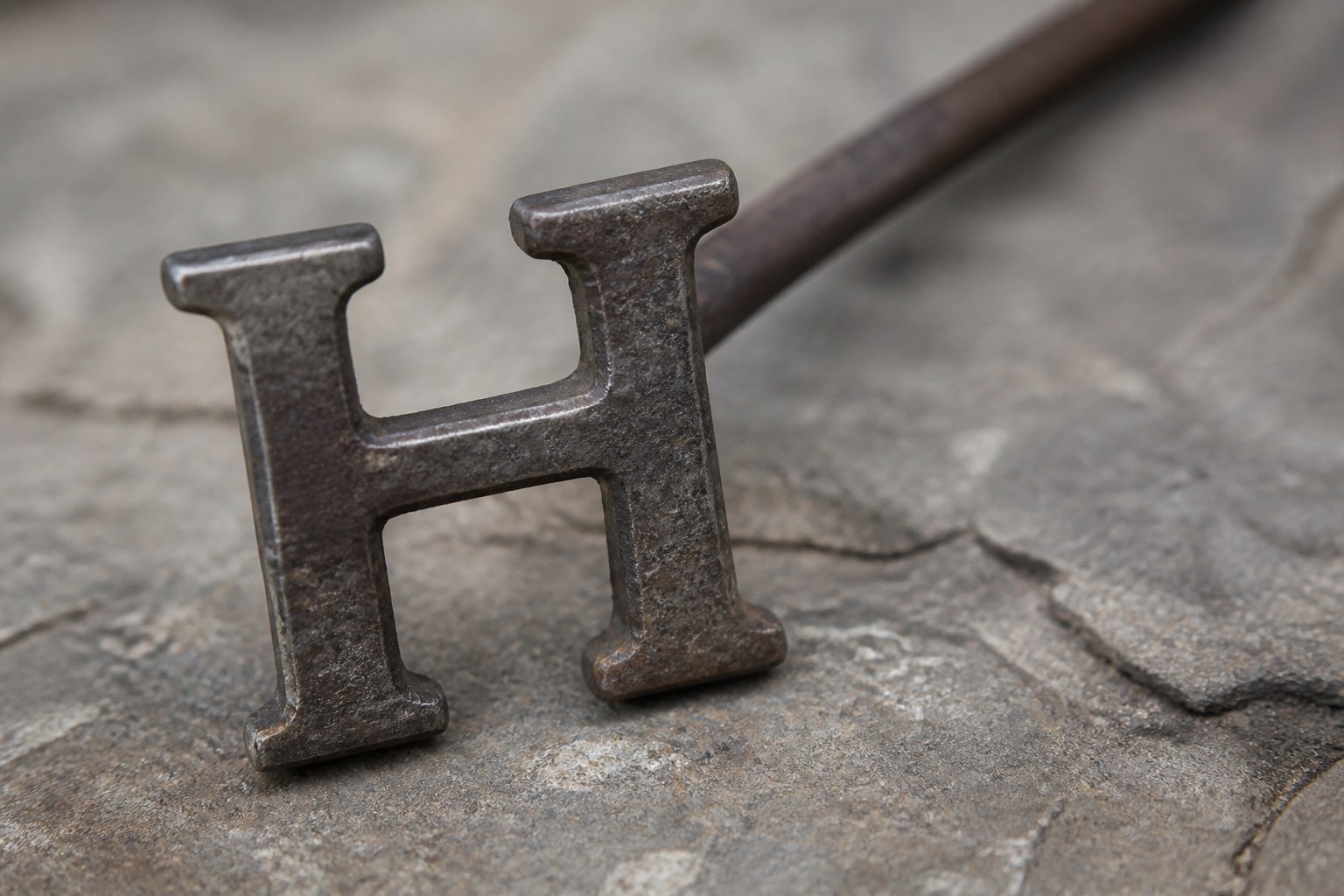 The head of an old iron branding iron formed as the capital letter H, lying on stone