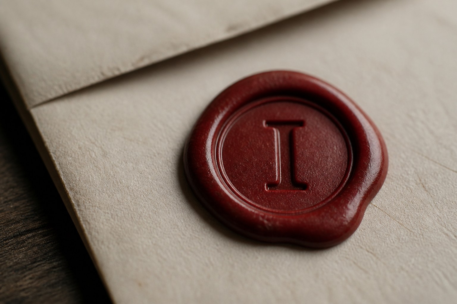 A blob of deep red sealing wax on an envelope, impressed with the capital letter I