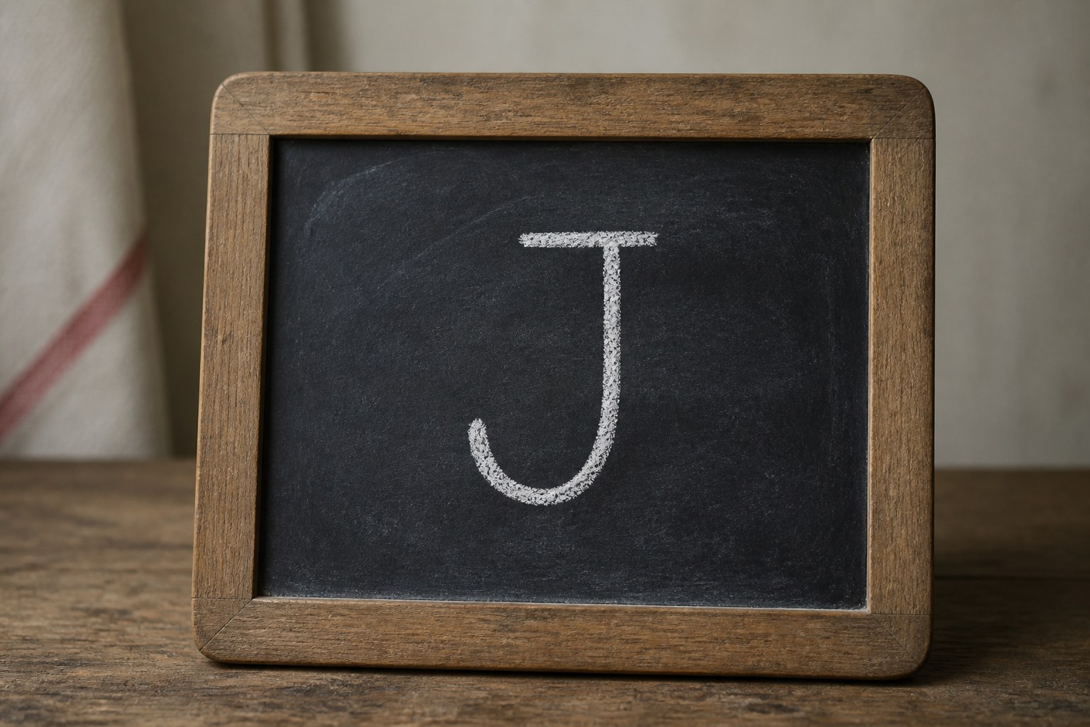 The capital letter J written once in chalk on a small framed writing slate