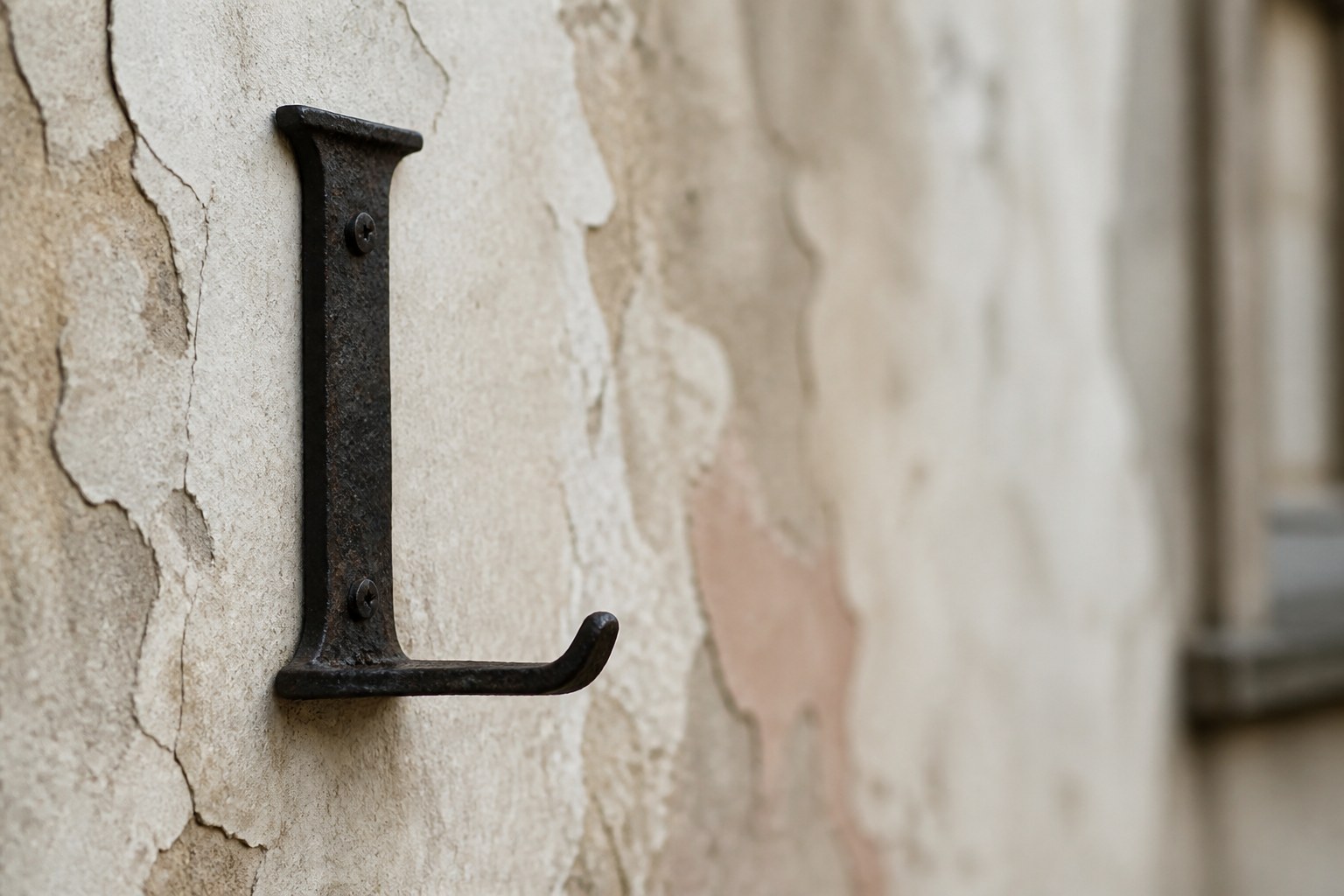 A wrought iron wall hook bent into the shape of the capital letter L, mounted on old plaster