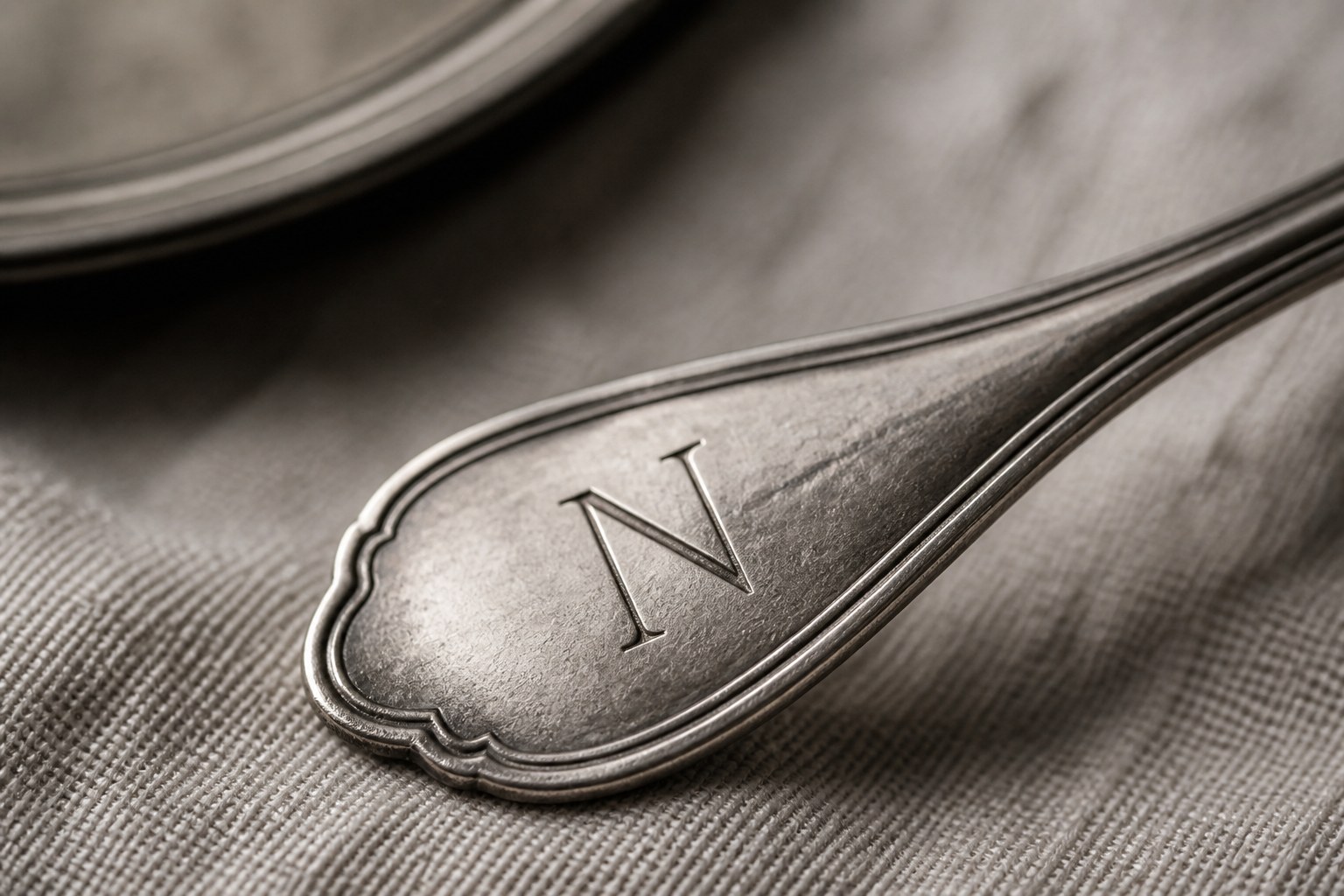 The capital letter N engraved as a monogram on the handle of a silver spoon