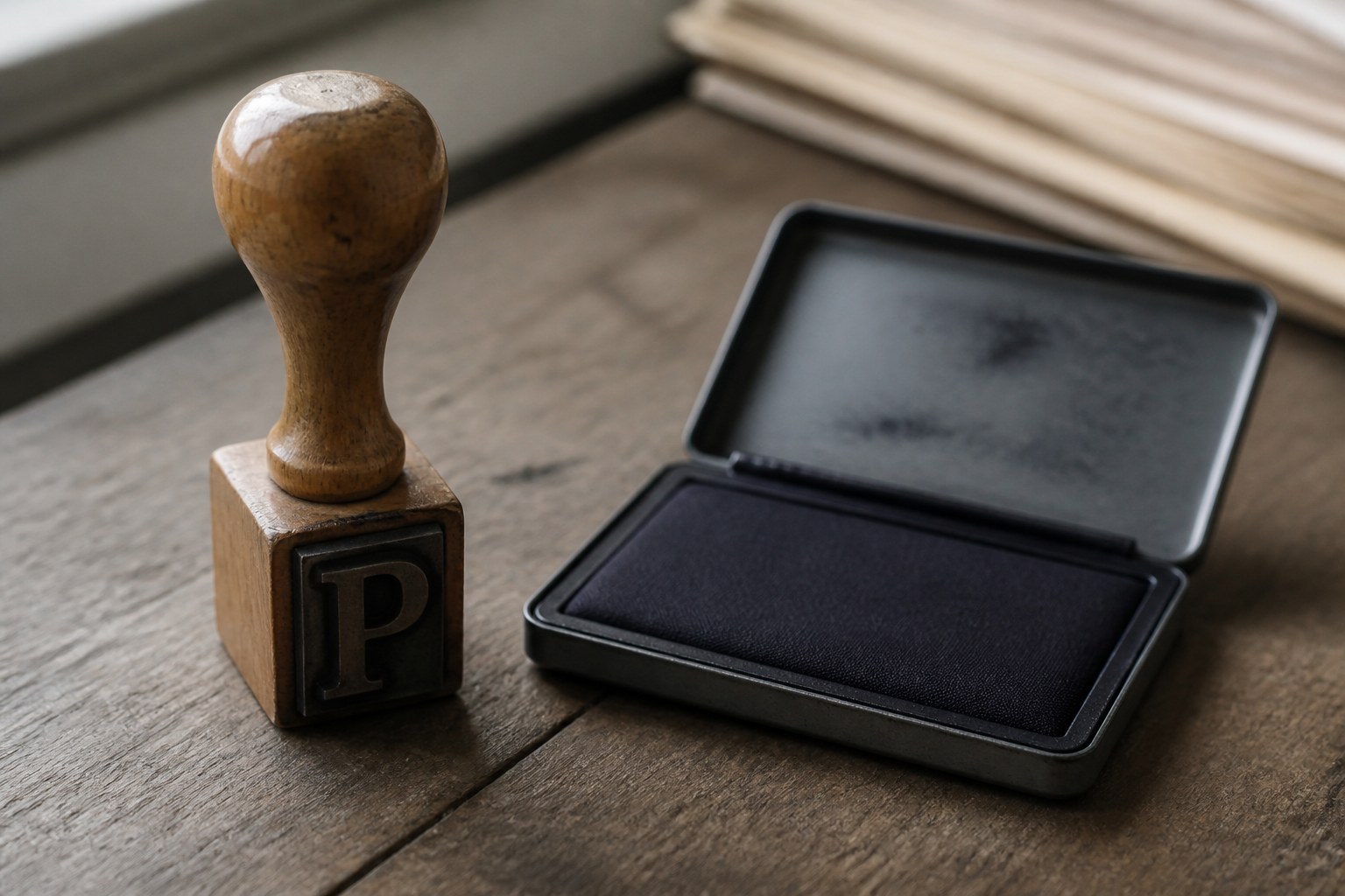A wooden handled rubber stamp of the capital letter P standing beside an open ink pad