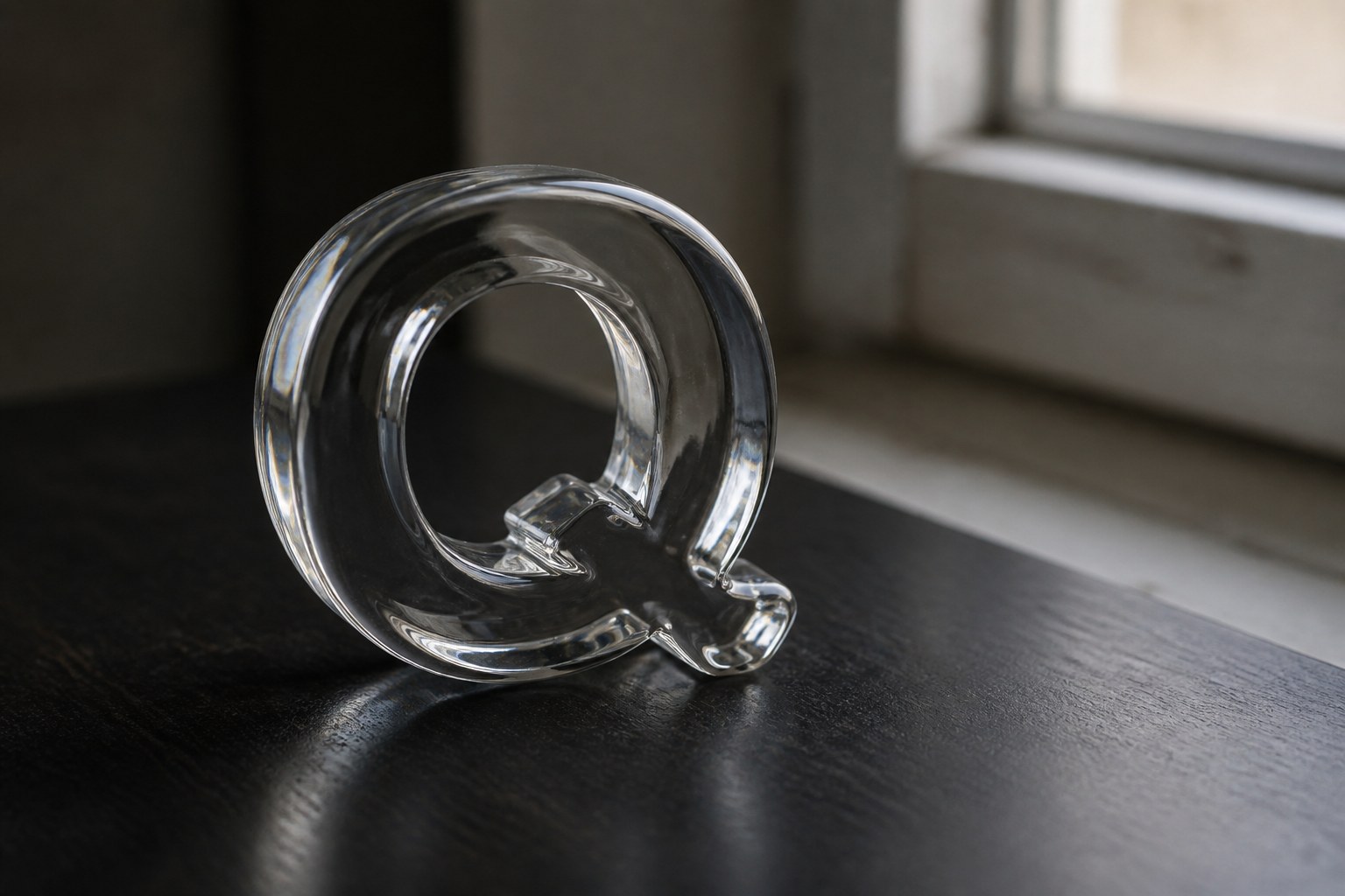 A solid clear glass paperweight cast in the shape of the capital letter Q on a dark surface