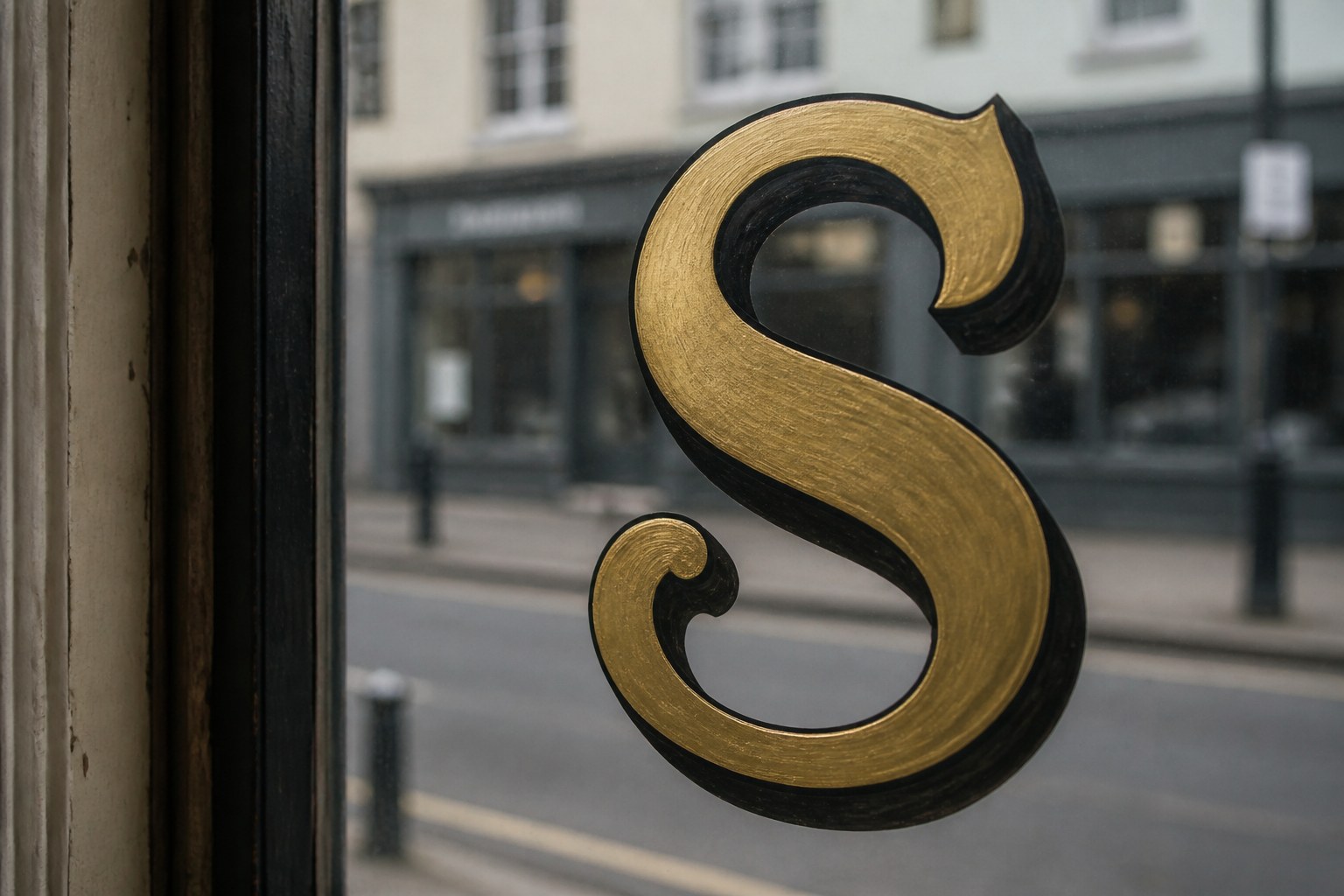 A signwriter's gilded capital letter S painted on the inside of a shop window, the street beyond