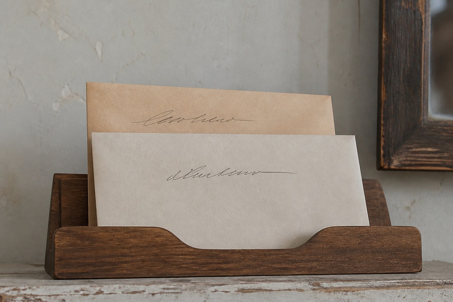 Two envelopes in a letter rack with near-identical handwritten names