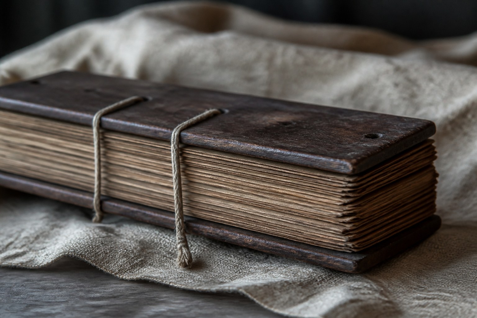 A stack of long narrow palm-leaf manuscript pages bound between two wooden covers with cord, resting on cloth