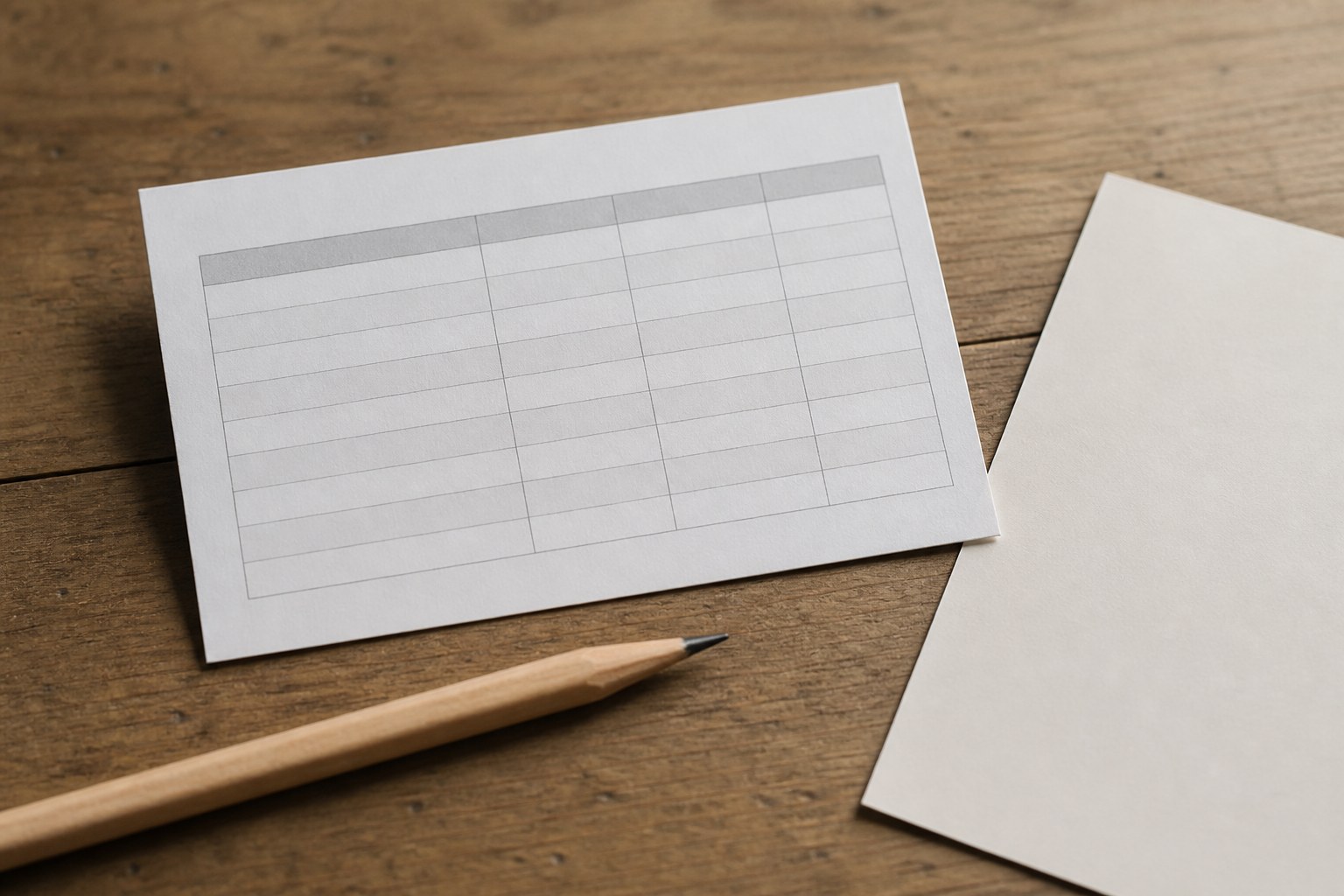 A blank ruled grid printed on a card, a blank paper slip, and a sharpened pencil on a bare wooden desk