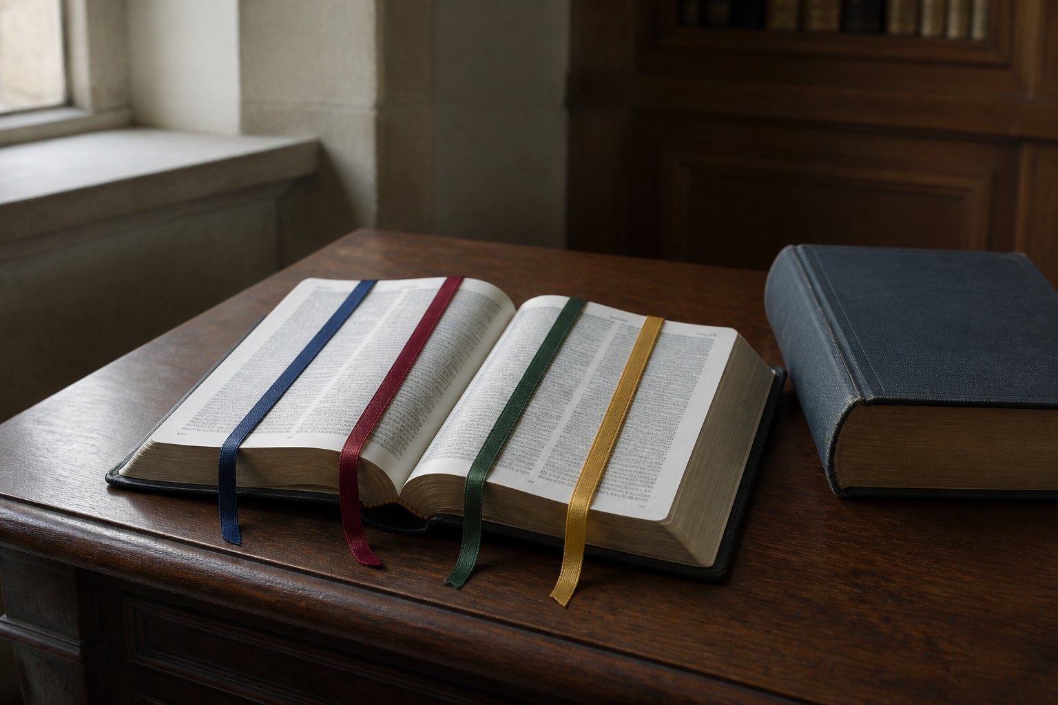 A large Bible open on a dark table with four coloured ribbon markers laid across separate pages, a closed clothbound volume beside it