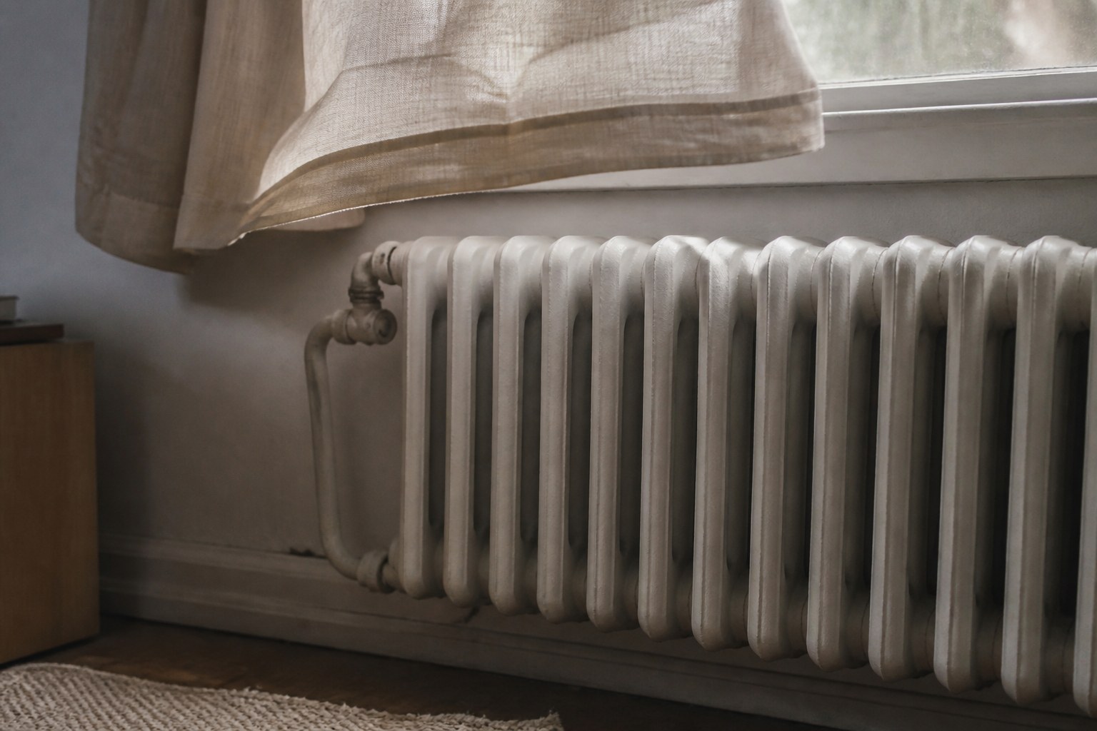 A radiator under a window with a curtain hem lifting slightly above it