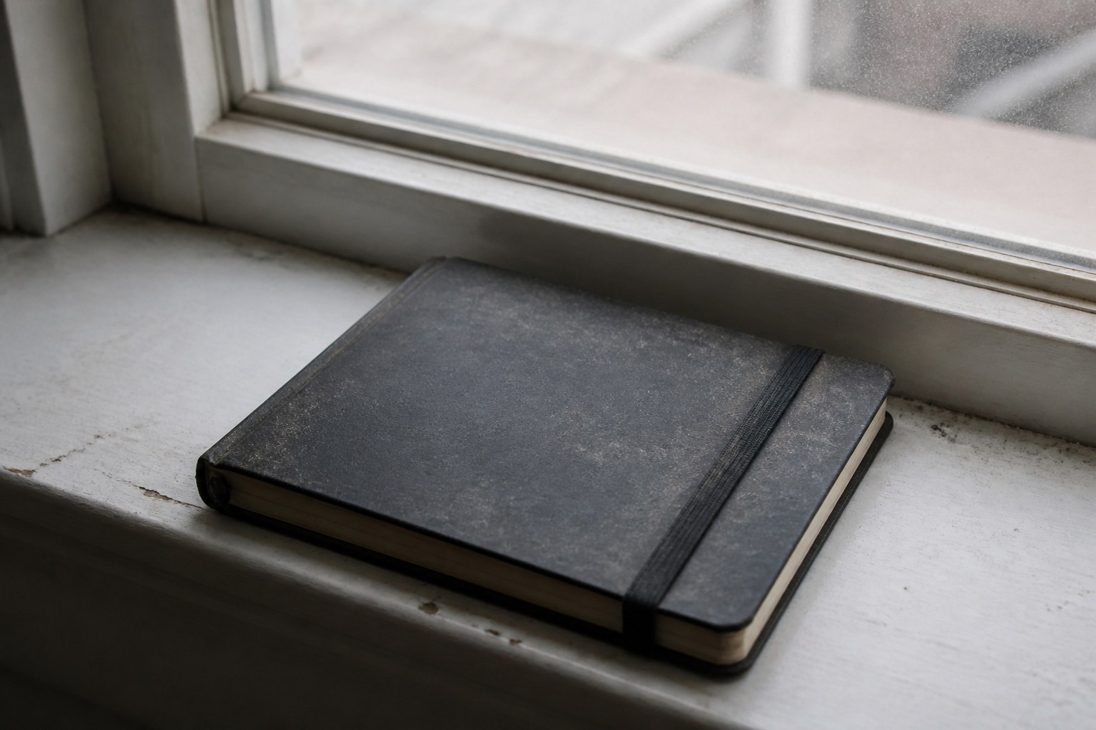 A closed notebook on a windowsill with a light film of dust on the cover