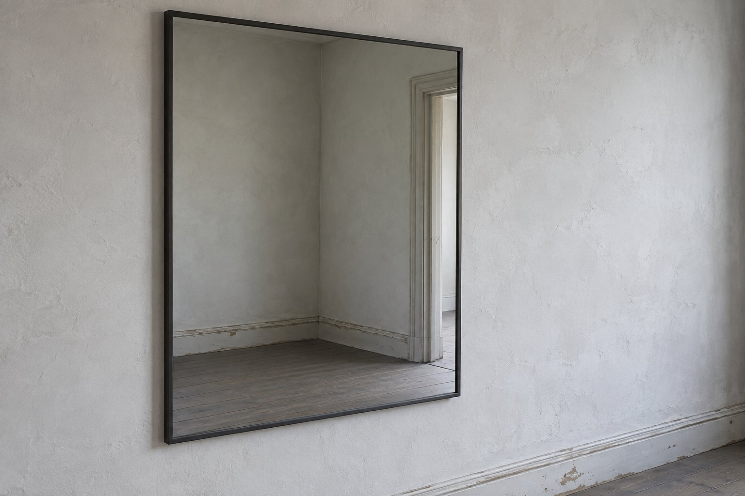 A plain wall-mounted mirror reflecting an empty corner of a room, with a doorway just outside the reflected frame