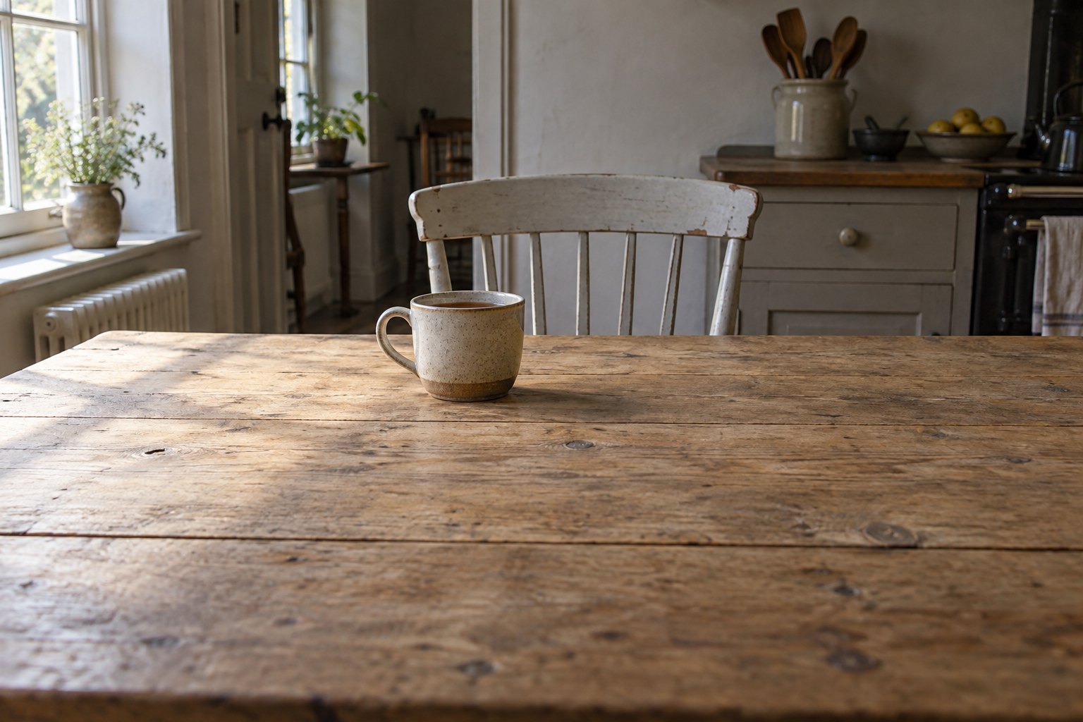 An empty painted chair across a scrubbed kitchen table, seen from the opposite seat, with a single stoneware mug of tea between them