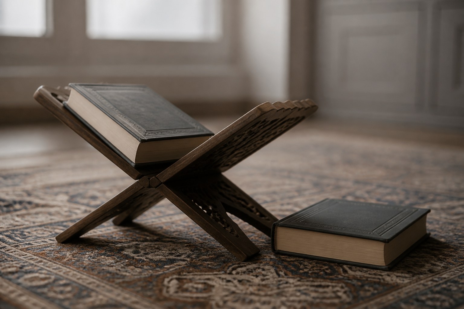 A closed book resting on a carved wooden folding stand on a patterned rug, a second closed volume lying flat beside it