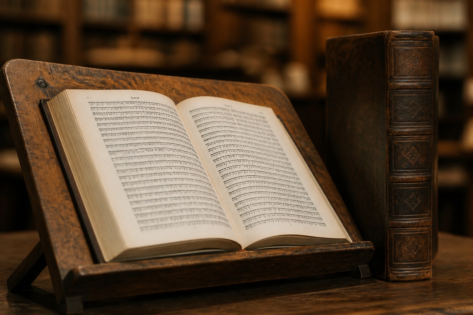 A book open on a slanted wooden reading stand beside a tall leather bound volume, shelves of books blurred behind