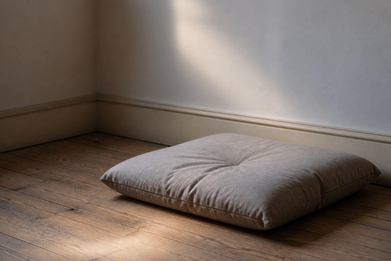 A plain flat floor cushion on bare floorboards in the empty corner of a room, early light falling across the boards from a window out of frame