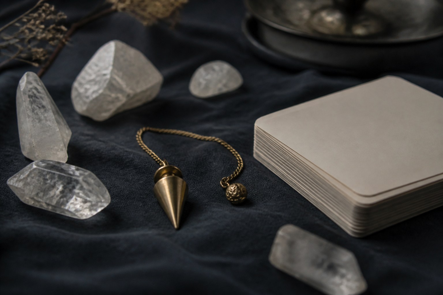 Rough quartz crystals, a brass pendulum on its chain, and a stack of blank unmarked cards arranged on dark cloth