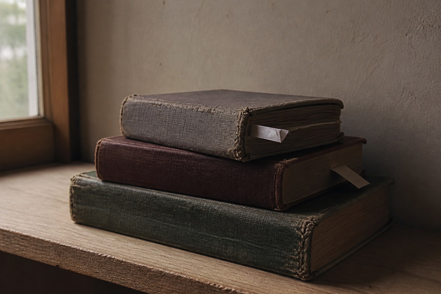 Three well-used cloth-bound books of different sizes stacked unevenly on a plain wooden shelf, spines worn soft, paper slips protruding from two of them