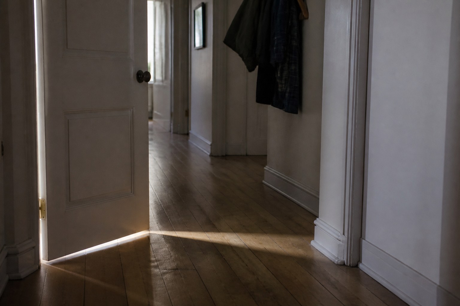 A domestic hallway with a door left slightly ajar, a band of daylight falling across the floorboards from the gap, coats on a hook further along