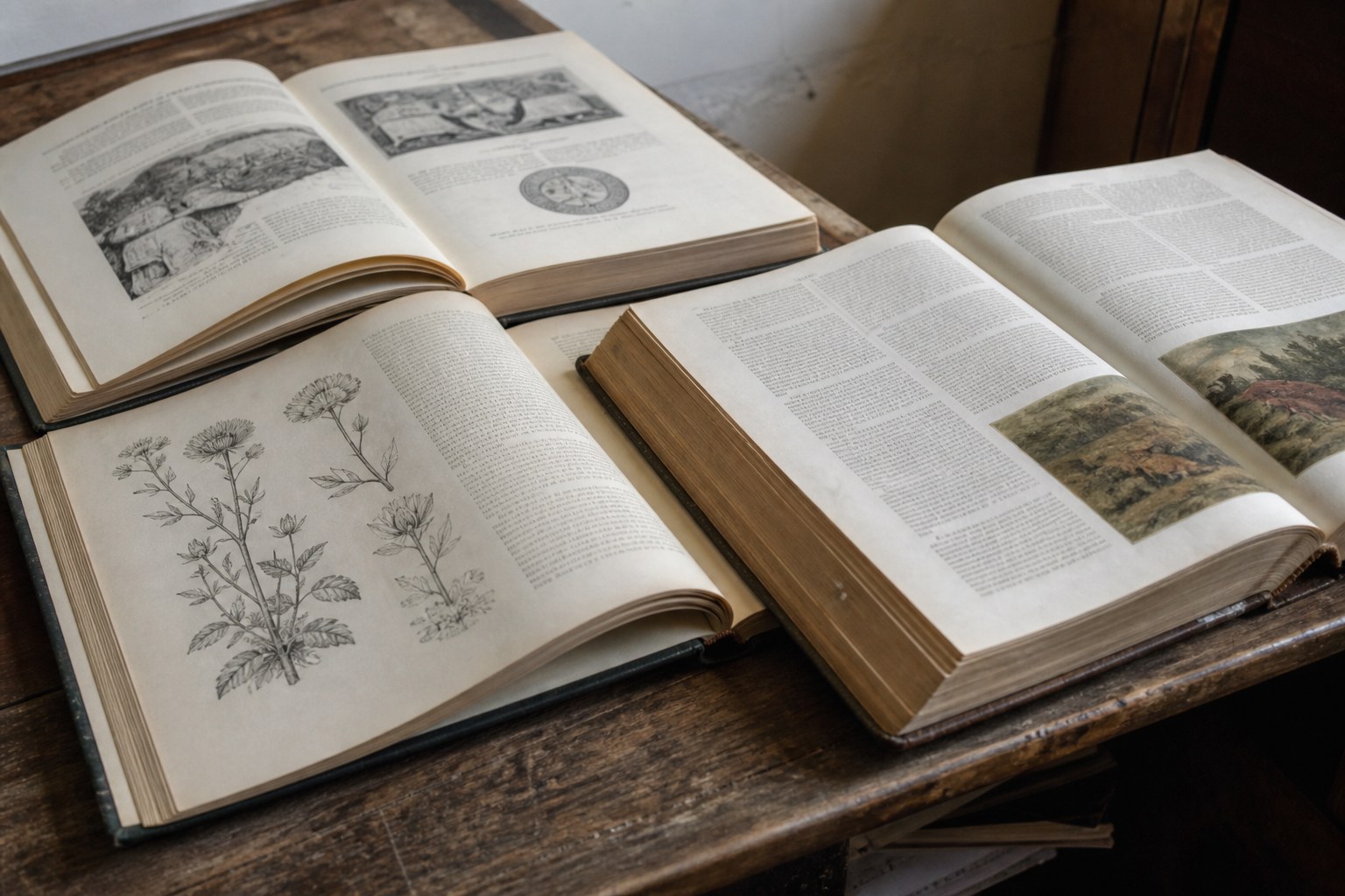 Two large reference books lying open and overlapping on a desk
