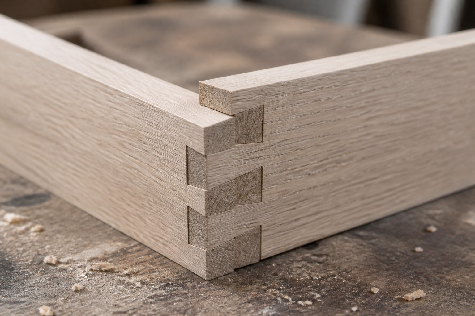 A cut dovetail joint in pale oak, the pins and tails pushed halfway together
