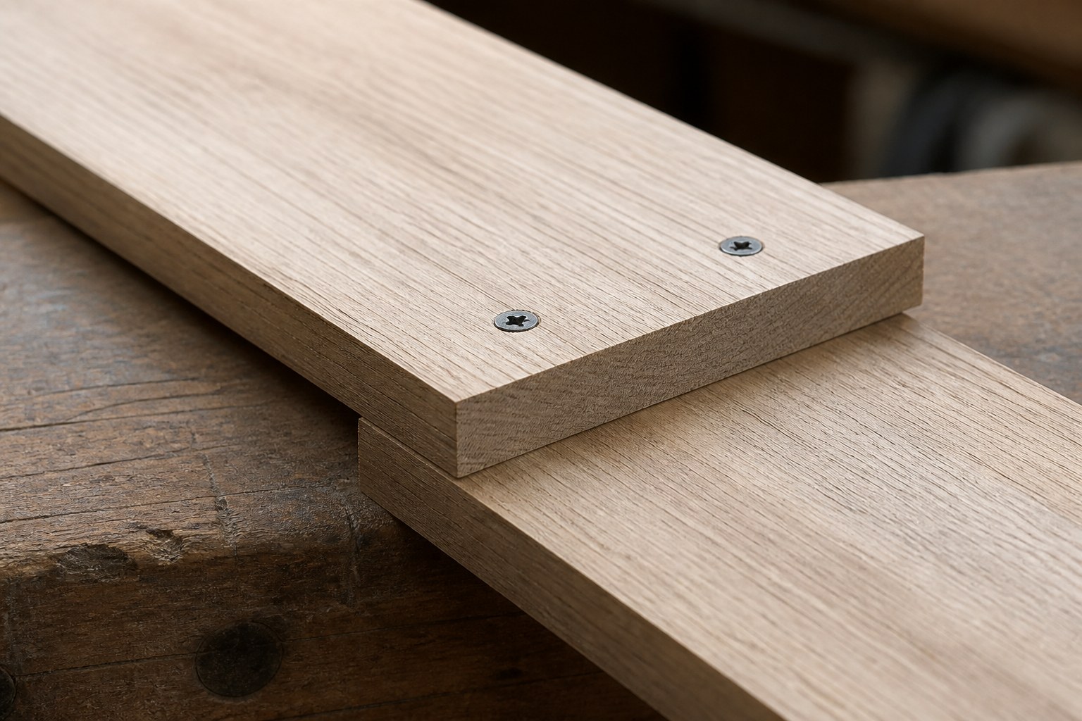 A lap joint where two planed boards overlap and are screwed flat