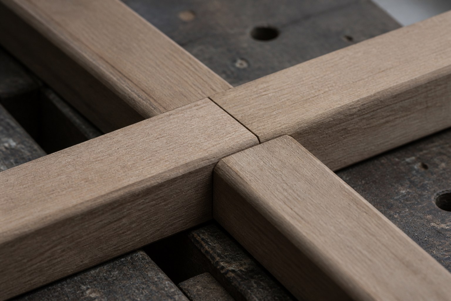 A halving joint where two battens cross and each is cut back to meet flush