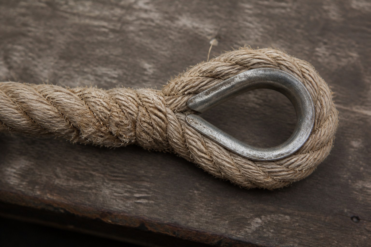 An eye splice formed at the end of a hemp rope around a metal thimble
