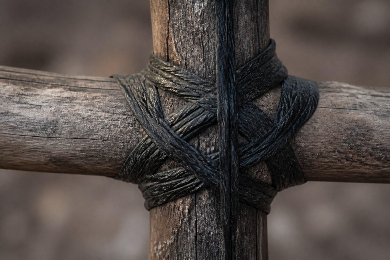 Two wooden poles lashed together at a crossing with tarred cord