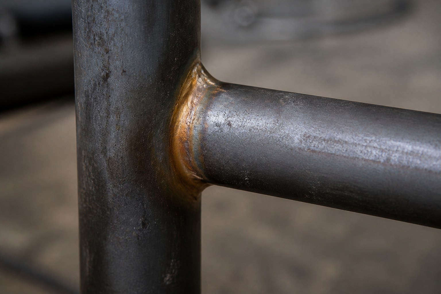 A brazed joint between two steel tubes, the bronze fillet visible