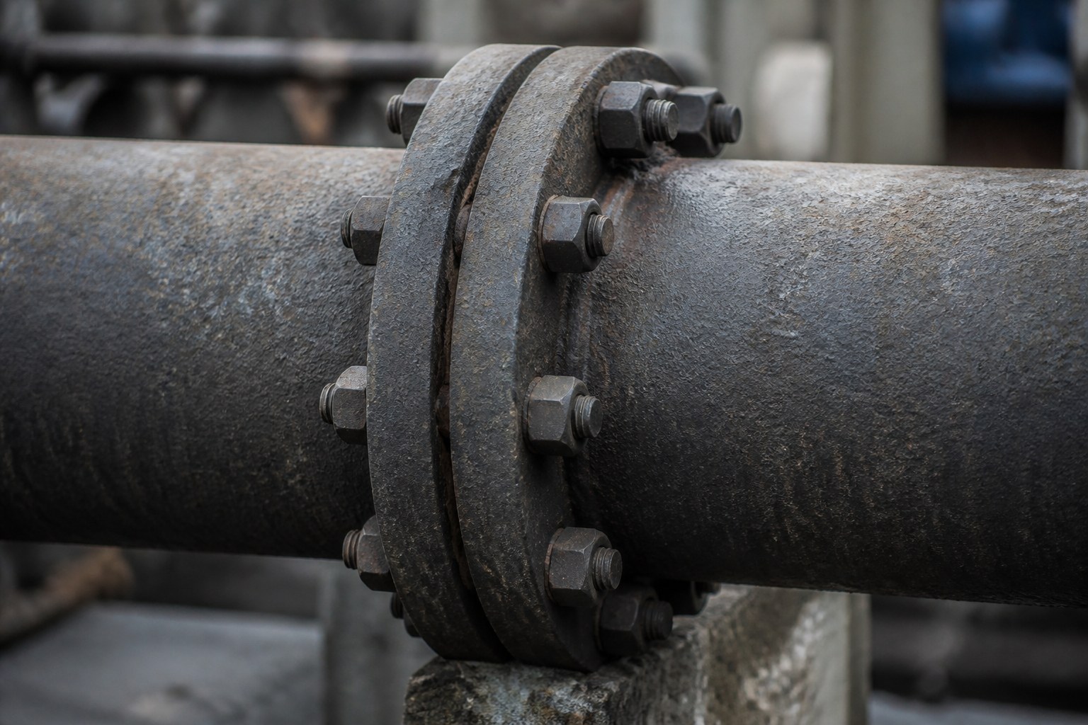 A bolted flange holding two lengths of cast pipe together