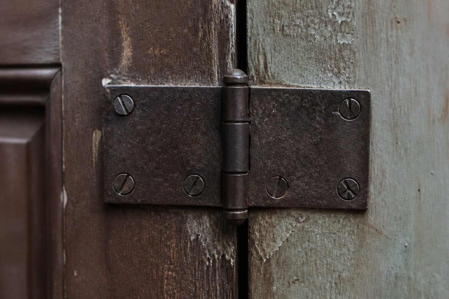 An old iron butt hinge screwed across a door and its frame