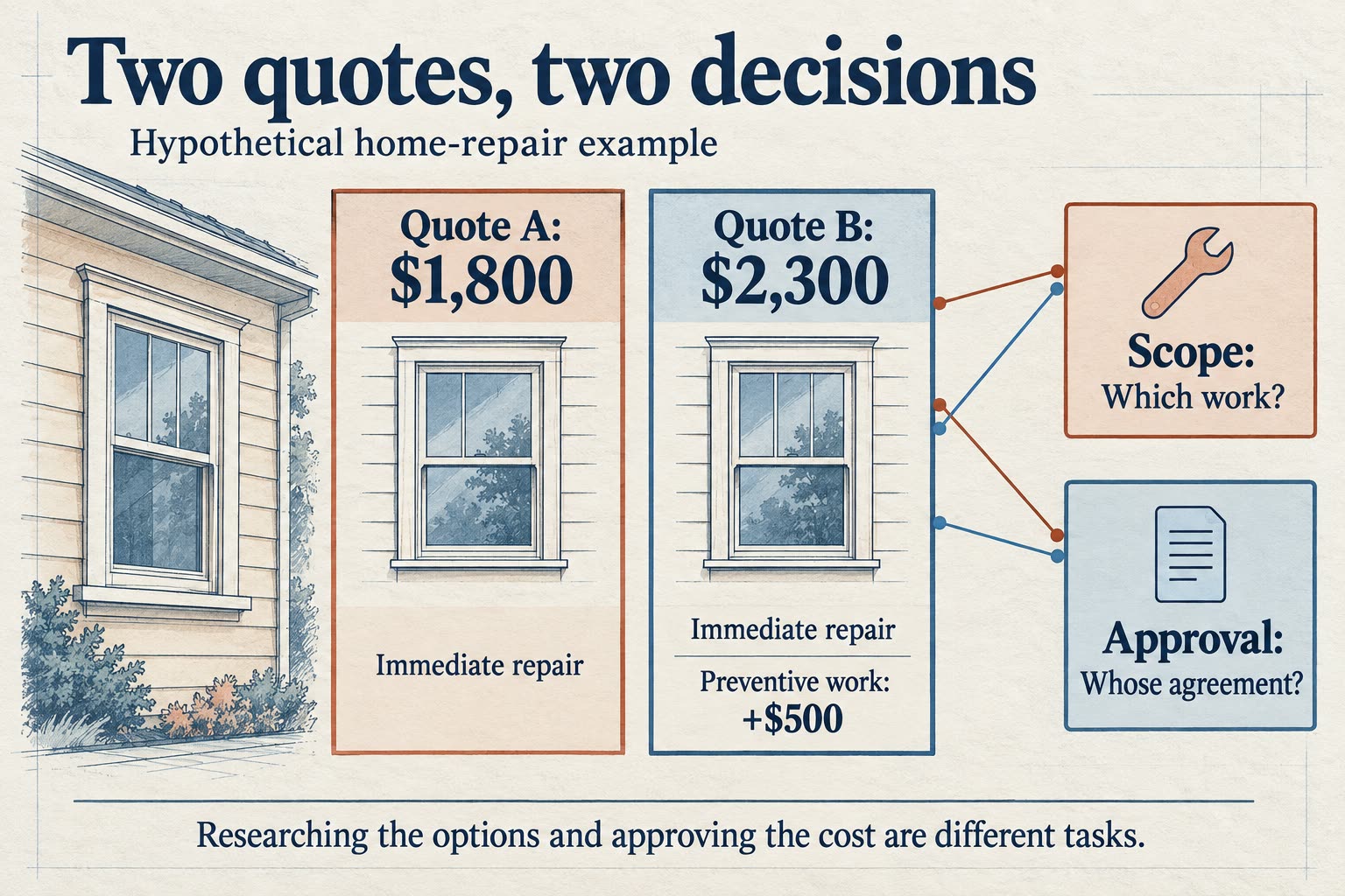 Diagram comparing a $1,800 immediate repair with a $2,300 quote including $500 preventive work, separating scope from approval