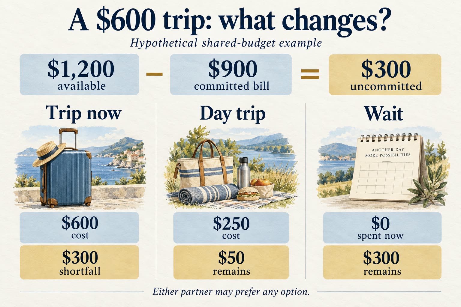 Budget diagram: $1,200 less a $900 bill leaves $300; a $600 trip has a $300 shortfall, a $250 day trip leaves $50, and waiting leaves $300