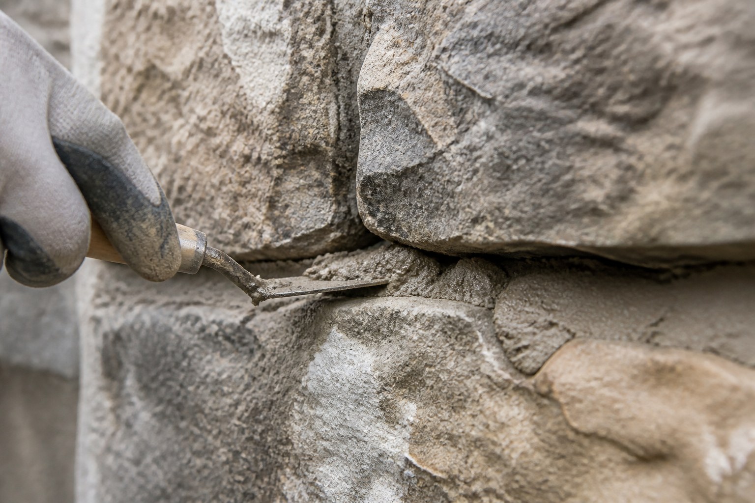 A mortar joint being pointed with a small trowel between two stones
