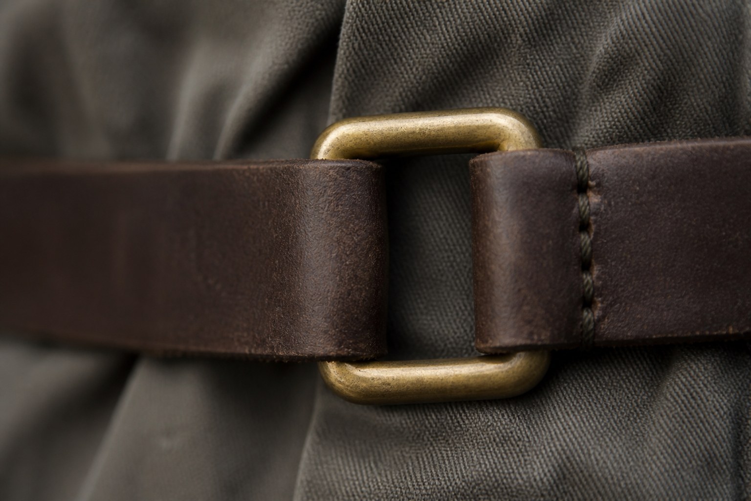 A leather strap drawn through a brass buckle and pulled tight