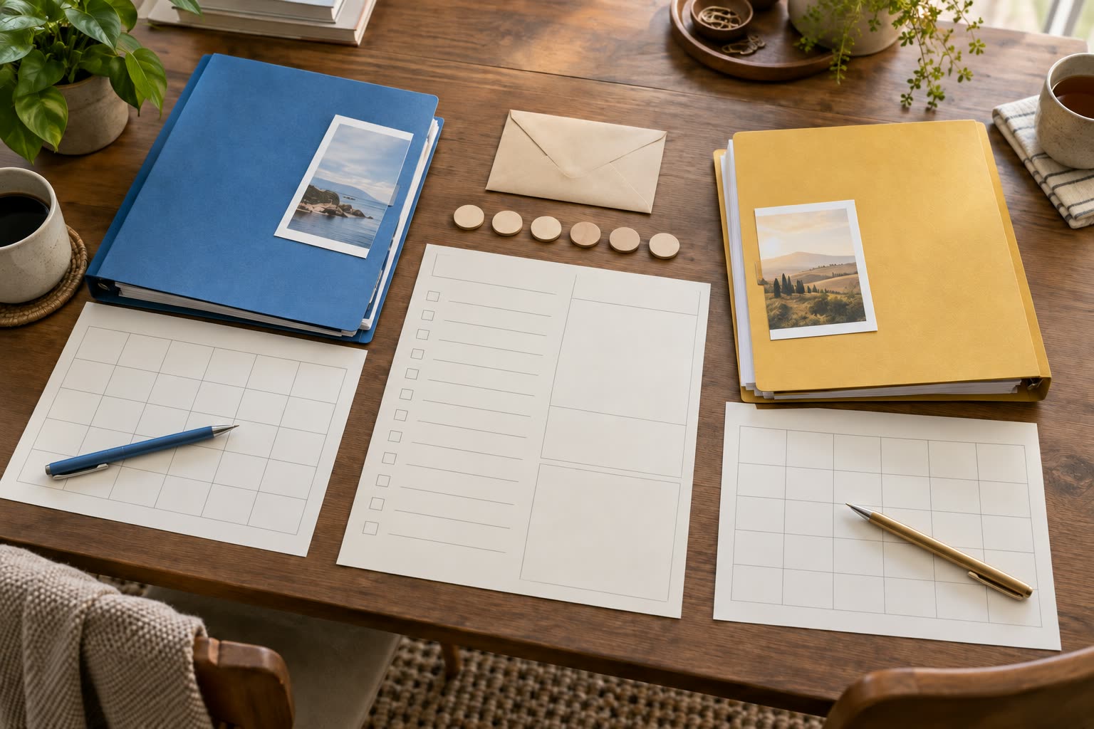 Two equal project folders and blank calendars meeting at one shared planning sheet with six wooden task tokens