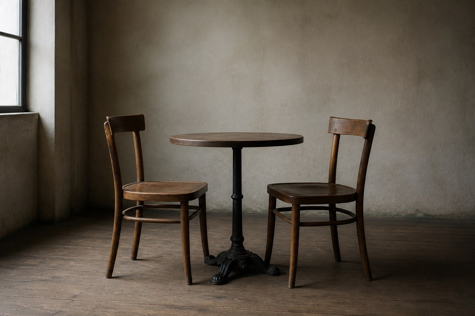 Two plain wooden chairs pulled up to one small round table in an empty room