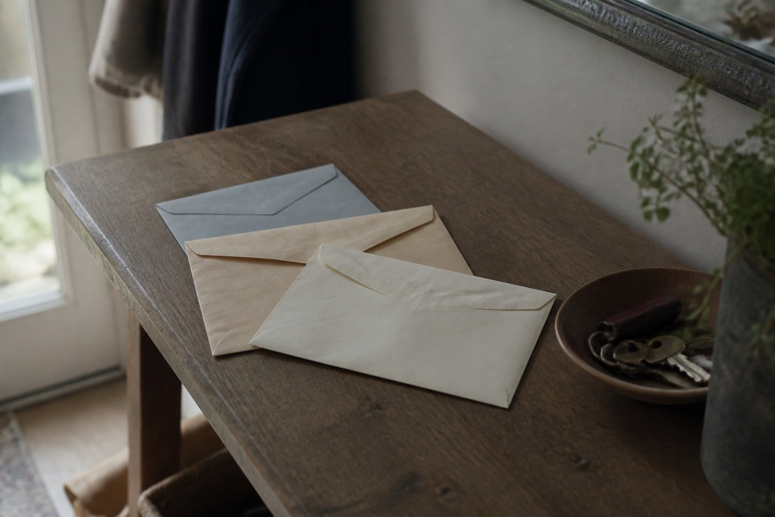Three unmarked envelopes fanned out on a hall table beside a shallow dish holding keys
