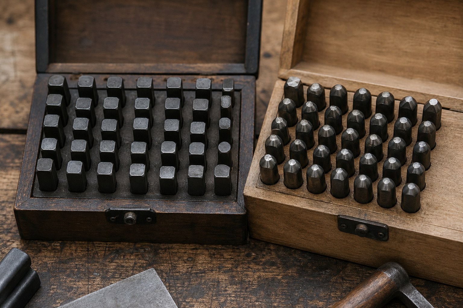 Two sets of metal letter punches laid side by side on a workbench, each in its own fitted wooden case