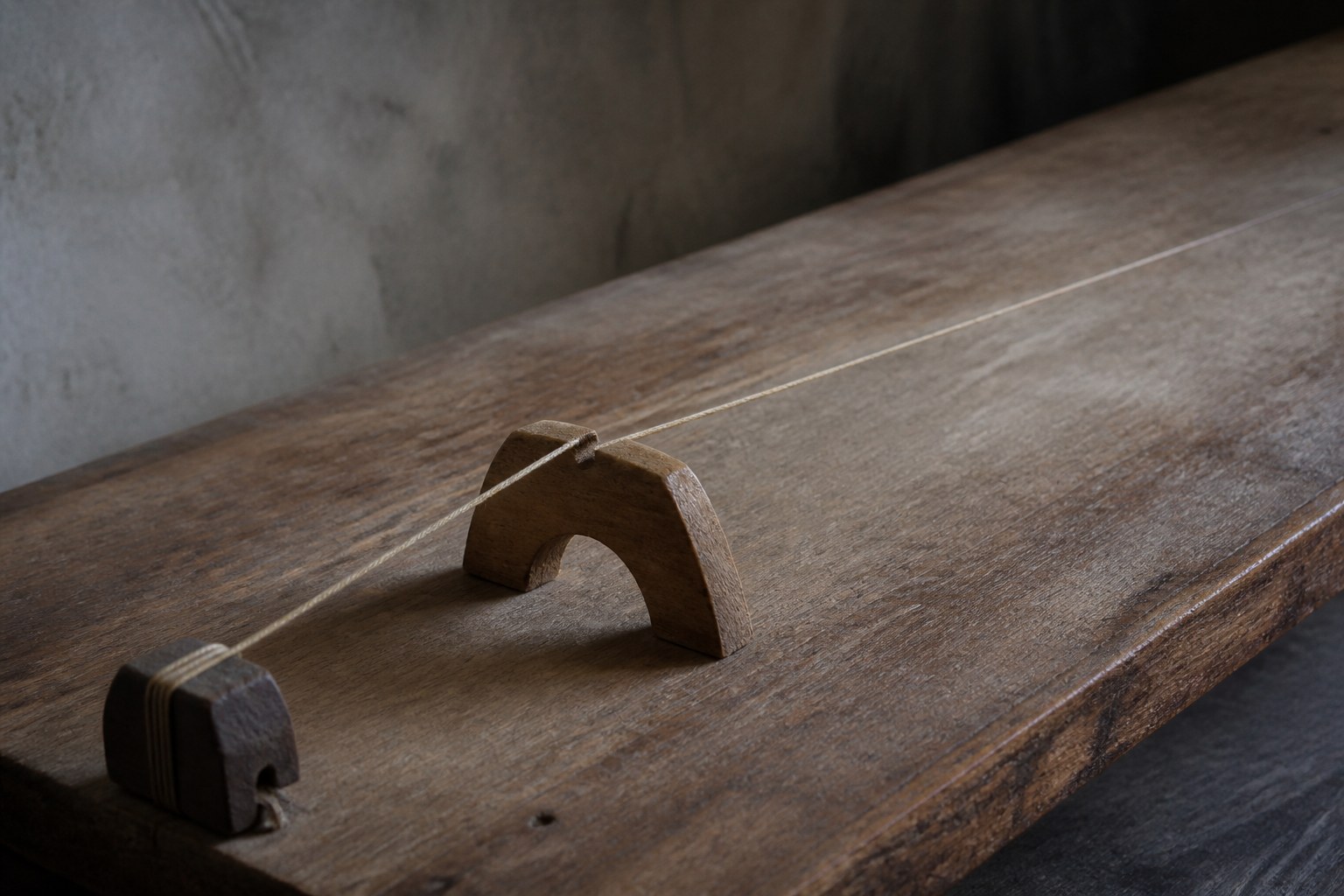 A single string stretched over a long wooden soundboard with a movable bridge beneath it