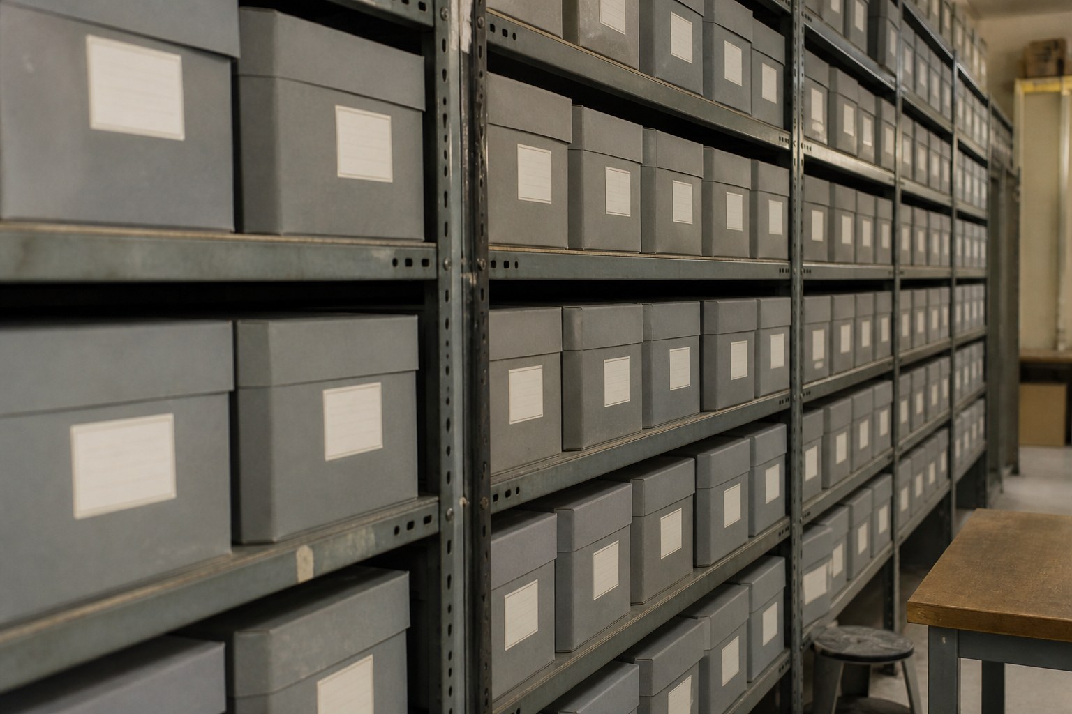 A wall of identical labelled storage boxes on metal shelving