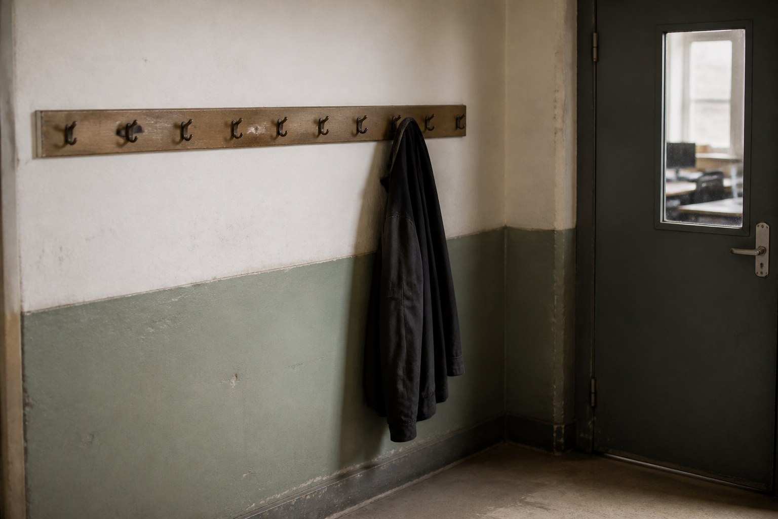 A row of hooks beside a staff door with one coat still hanging
