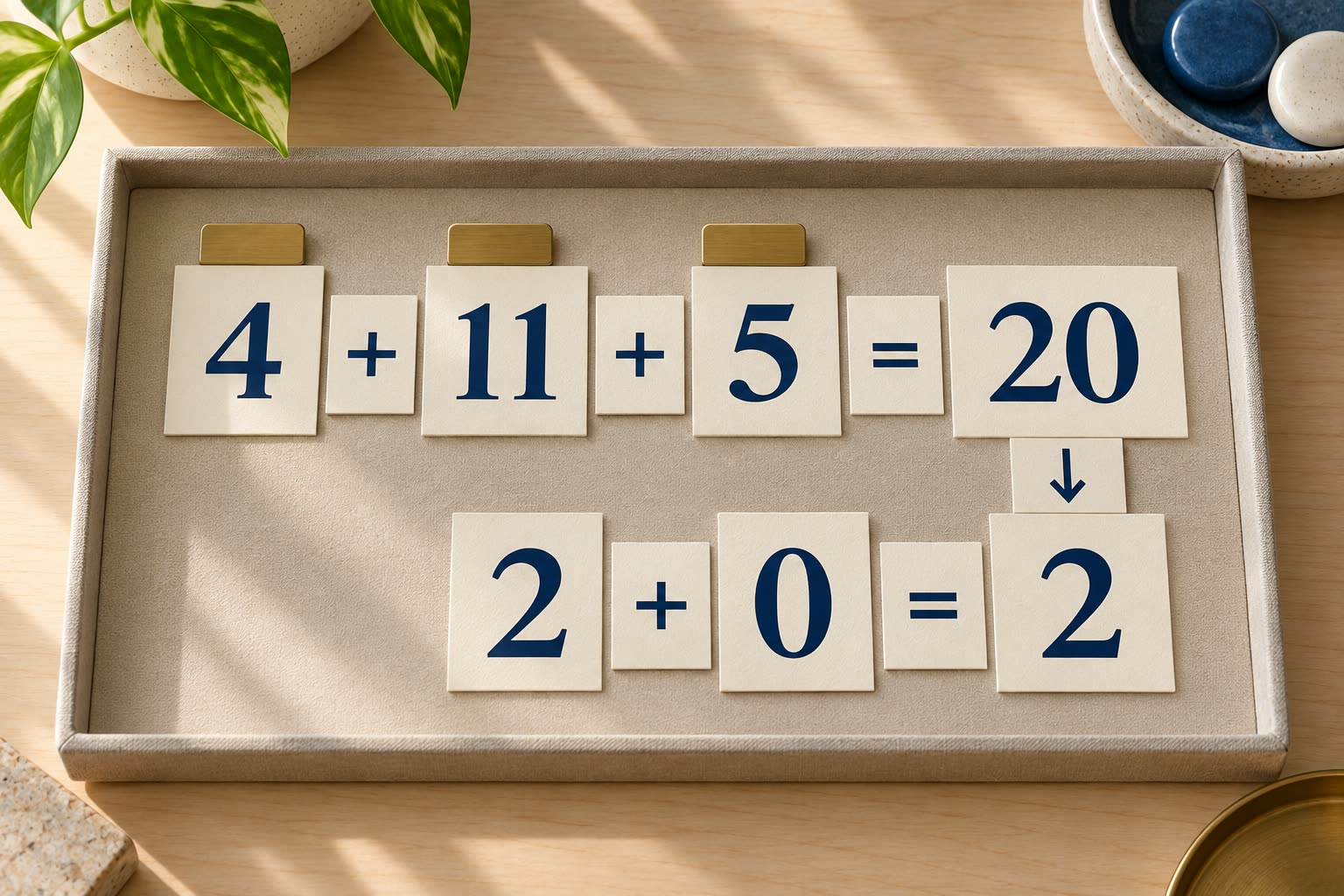 Number cards show 4 plus 11 plus 5 equaling 20, followed by 2 plus 0 equaling 2