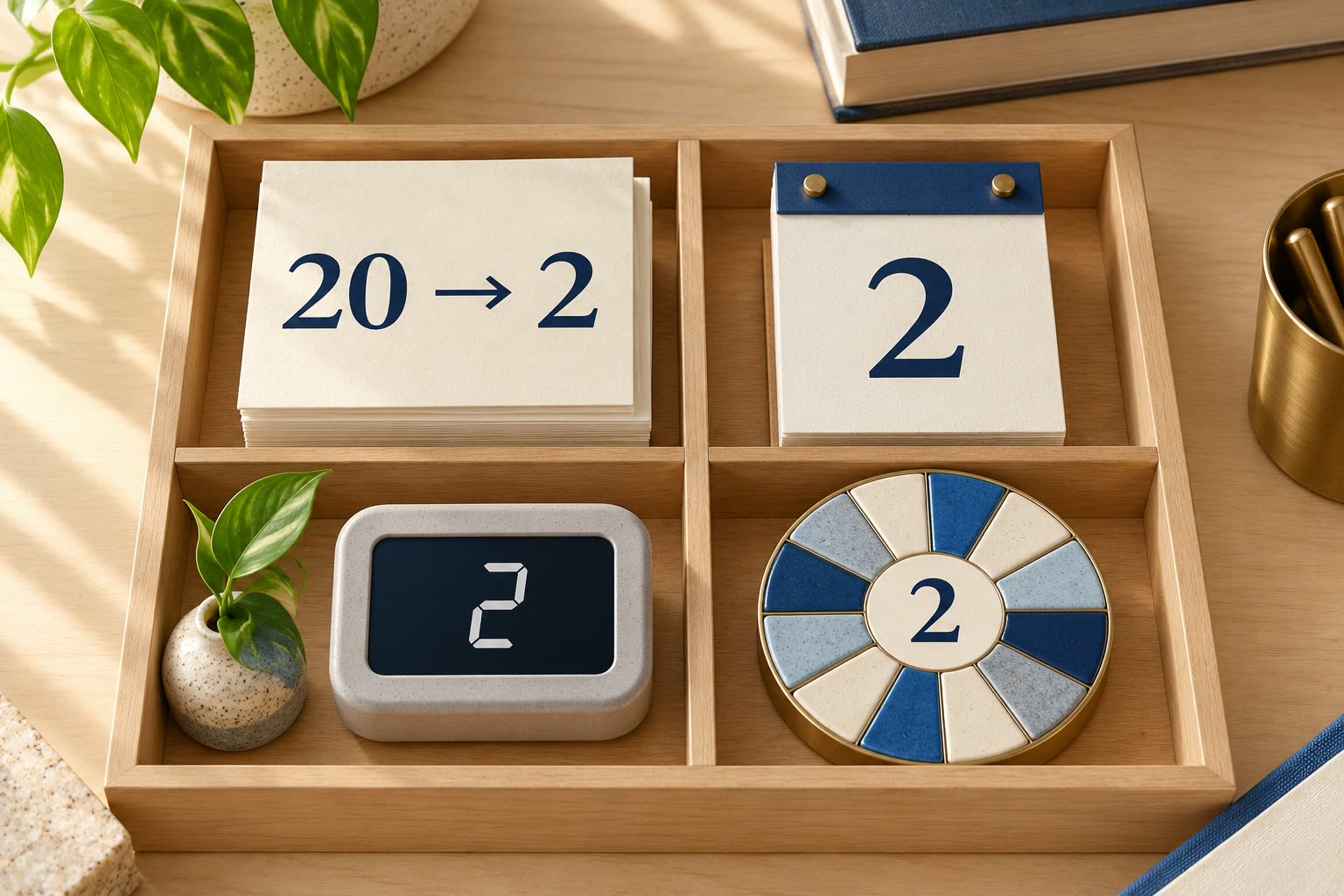 Four compartments hold a 20-to-2 birth-date calculation, a calendar card marked 2, a digital display marked 2, and a 12-segment cycle dial marked 2