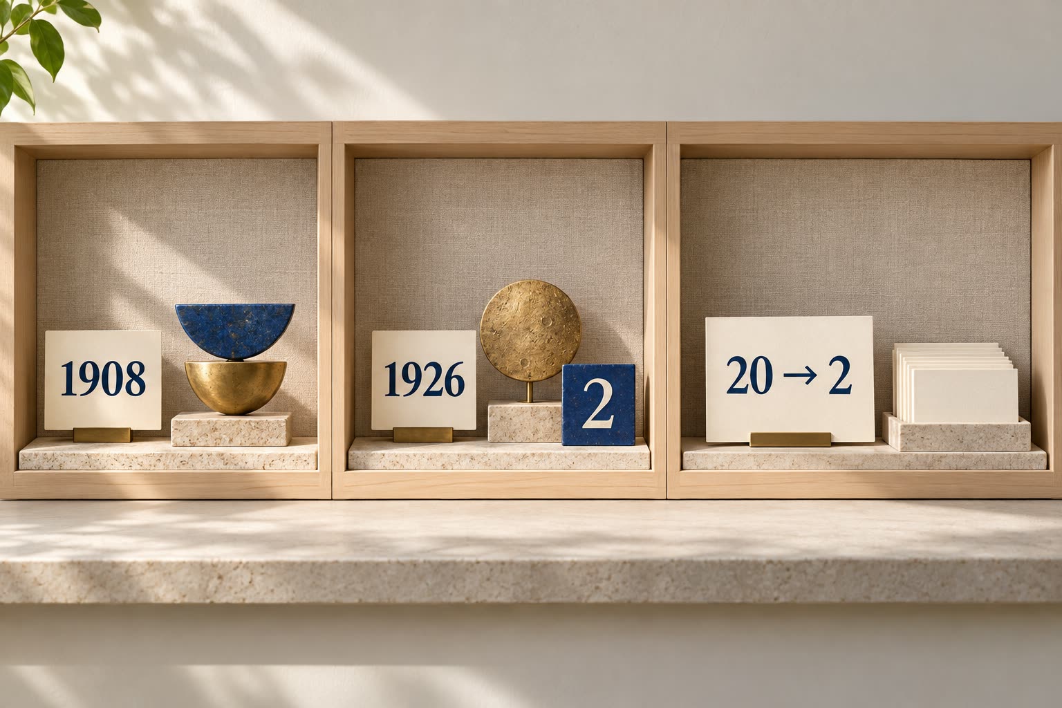 Three museum display bays show 1908 with a two-part form, 1926 with a moon disc and 2 tile, and a modern 20-to-2 card