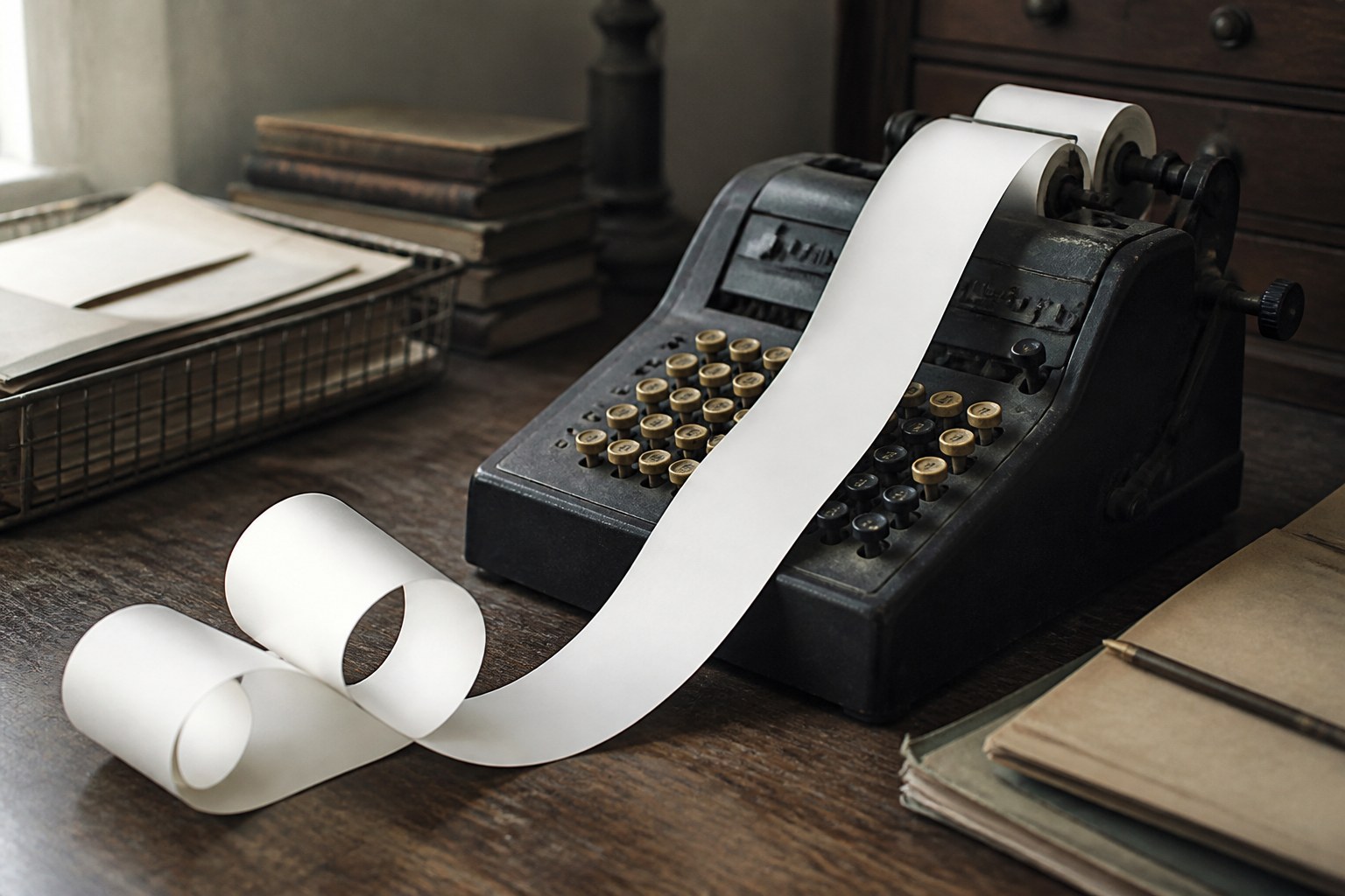 A long narrow paper tape curling out of an old adding machine onto a desk
