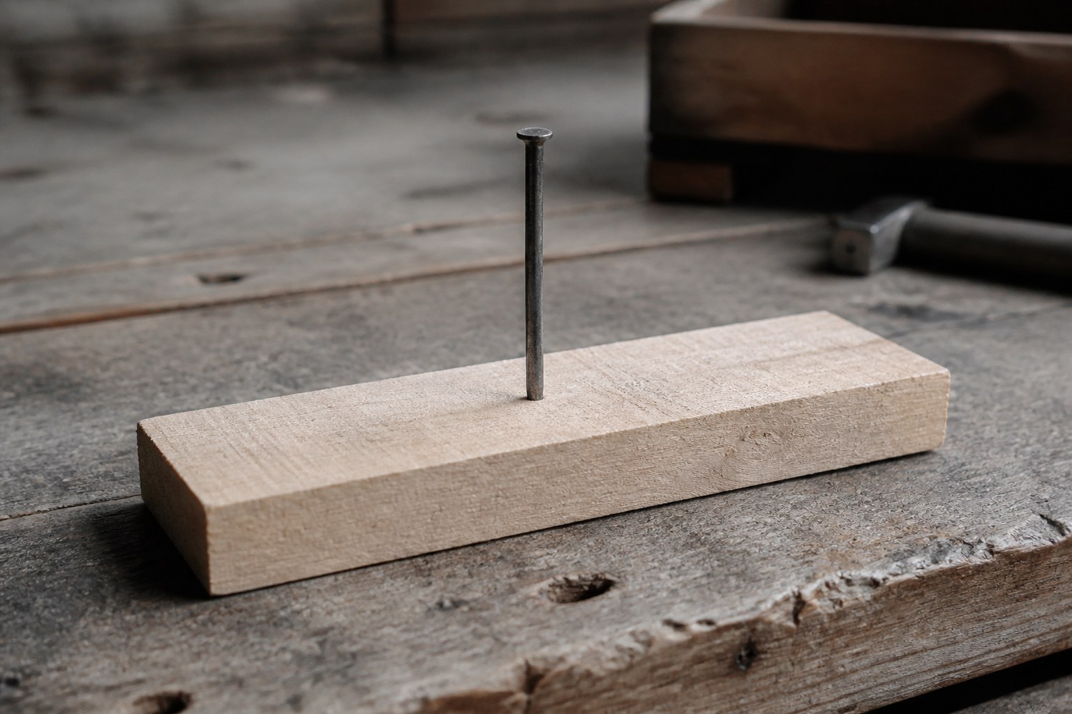 A single iron nail standing upright, driven into a block of pale wood on a workbench